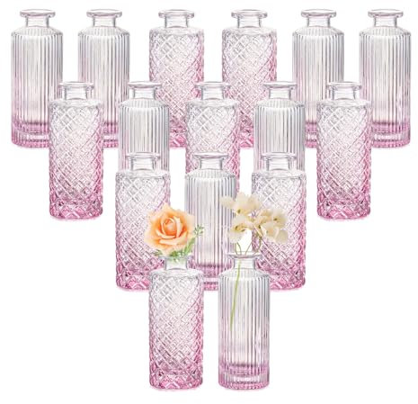 Glasseam Vases à Bourgeons en Verre pour Fleurs, Vase DéCoratif Rose, Lot de 16, Vases à Fleurs en Cristal, Petits Vases en Bouteille Vintage, Mini Vases en Diamant pour DéCoration De Table.