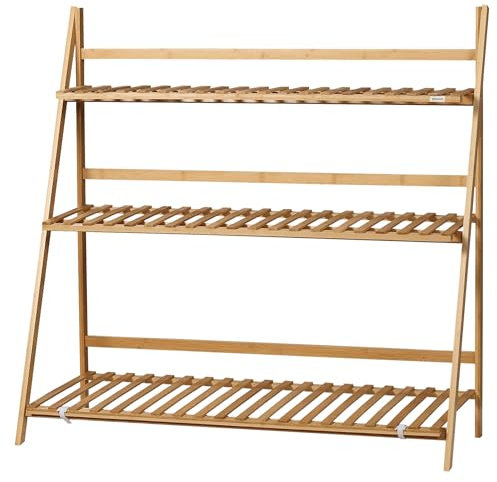 Outsunny 3-Tier Bamboo Plant Stand, Folding Plant Rack, Display Plant Shelf for Indoor & Outdoor Use, 98 x 37 x 96.5cm, Natural