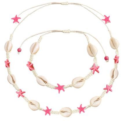 Wnddle 2 Stück Muschel Halskette Armband Set, Muschelkette und Muschelarmband, Boho Muschelkette, Damen Natural Shell Choker Halsketten Armband Schmuck Set, Natural Shell Choker Halskette