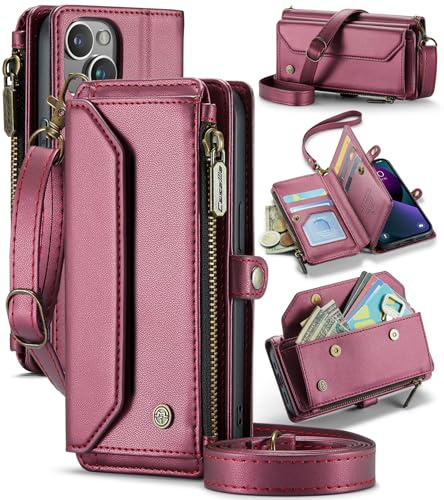 UFinetech for iPhone 13 Case, Crossbody Wallet Phone Case with RFID Blocking Kickstand, Anti-Drop Wireless Charging Card Slots, PU Leather Shoulder Bag Clutch Adjustable Strap, Burgundy