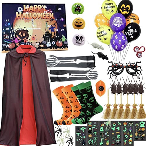 Halloween-Adventskalender 2024, Halloween-Countdown-Kalender mit -Umhangsocken, Luftballons, Besen-Tattoo-Aufklebern, Cosplay-Requisiten für Halloween-Partys