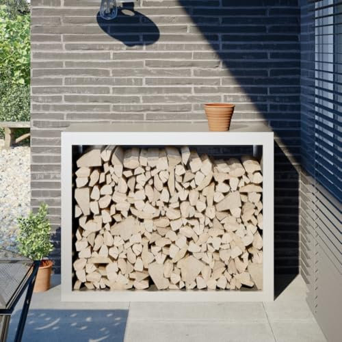 Sufrk Rack pour bois de chauffage blanc 100 x 40 x 80 cm en acier, porte-bois d'extérieur pour bois de chauffage robuste empileur en bois, étagère porte bois de chauffage