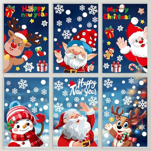 123 adhesivos de Navidad para ventanas de cristal, 6 hojas de calcomanías de Navidad para ventanas, copos de nieve, decoraciones de Navidad, calcomanías de ventana de Navidad