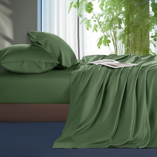 Shilucheng Tencel Bettlaken-Set, 100 % Eukalyptus-Lyocell-Bettwäsche-Set, kühler als Baumwolle und Leinen, kühlende atmungsaktive Sommer-Bettwäsche für heiße Schläfer, 40,6 cm tiefe Taschen (Olivgrün,
