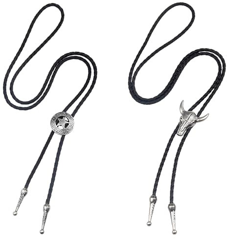 Ltsbaed 2 Stück Bolo-Krawatte für Cowboy Herren, Western-Krawatte mit Stierkopf und Sternschnalle für Kostümzubehör