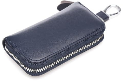 Etui Porte-Clé Cuir, Etuis Porte-Clés de Voiture, Porte Clef Cuir, Portefeuille,Porte-clés avec Crochet en métal Et Fermeture éclair,Pochette Porte Cles Avec 6 crochets (bleu)