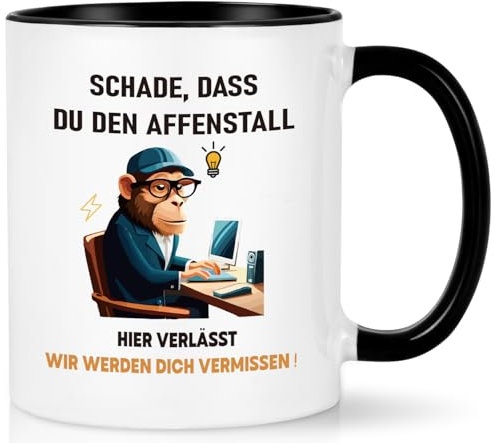 Joymaking Abschiedsgeschenk für Kollegen Jobwechsel Tasse Geschenk Abschied Kollegin Tassen mit Spruch - Schade, dass du den Affenstall hier verlässt - Kollegen Geschenk für Abschied, 320ml Schwarz