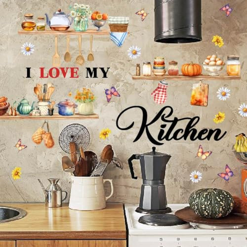 SUPERDANT Adesivi Murali I Love My Kitchen Adesivi Murali per Utensili Da Cucina e Ingredienti Adesivi Murali per La Casa In Vinile con Acquerello Adesivi per Ingredienti Decorazione