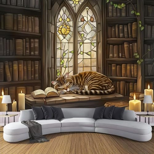 Fototapete 3D Effekt Dekoration Wandbild, Bibliothek Katzen Tapete ‎150X105Cm (B×H) Seidenstoff Tapete Fantasie Wandtapeten, 220G/M2 Fototapete Moderne Panorama Wanddeko