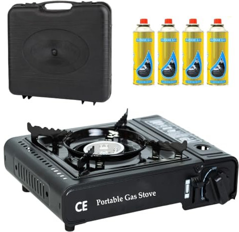 Camping Stove with Carry Case and 4 Butane Gas Canisters - Premium Portable Chrome Finishing Gas Stove EN417 Compliant With Heat Control, Piezo Ignition system- Outdoor Cooker For Picnic & Garden