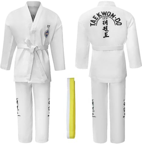 CHUIKUAJ Kimono da Karate Unisex,Judogi Uniform con Cintura Bianco-Gialla, Uniforme Professionale da Taekwondo ITF, Perfetta per Allenamento e Combattimento per Bambini e Adulti,White-150