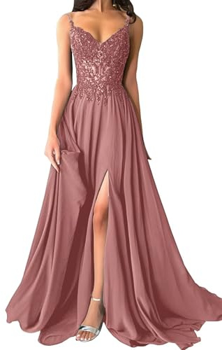 Damen Chiffon Ballkleider Lang V-Ausschnitt Spitzenapplikationen Brautjungfernkleid A-Linie Abendkleider mit Schlitz