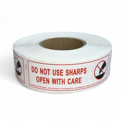 Warnaufkleber Do Not Use Sharps Open with Care, Rolle mit 500 Stück, Größe 76 mm x 25 mm, Übersetzung auf dem Aufkleber enthalten