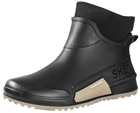 Stivali da pioggia da donna e uomo, invernali, caldi, piatti, antiscivolo, in gomma, durevoli, corti, impermeabili, caldi, imbottiti, stivali da giardino per lavoro, pesca, cucina, Nero , 44 EU