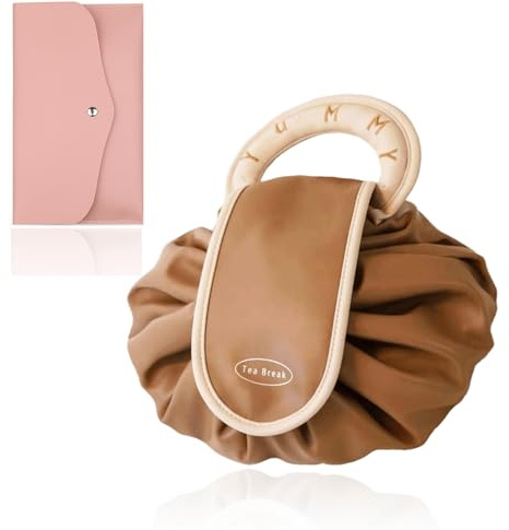 Kosmetiktasche mit Kordelzug, Kosmetikbeutel mit Kordelzug Schminktasche Groß Reisetasche Make up Portable Große Kosmetiktasche Reise Organizer BräUnlich Weiß Und Rosa Tasche FüR Pinselset