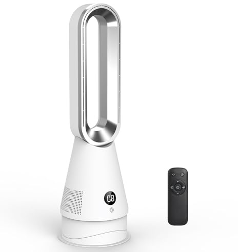 Ventilador de Torre con Control Remoto y Pantalla LED, Ventilador sin Aspas Silencioso 35 dB, 8 Velocidades + 2 Modos, Temporizador 9H, Oscilación 90°+30°, Portátil para Dormitorio, Oficina y Hogar