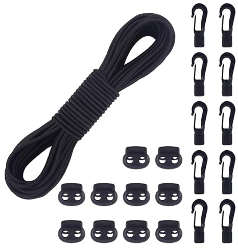 COEWUR 20M Cuerda Elástica 5mm con 10 Cerradura 10Gancho para Lona Kayak | Cordon de Goma Elástico de Grosor 5mm Cordon Elástico Cuerda de Tensión con 10 Cerradura 10 Ganchos para Camping Mochila