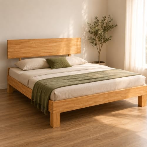 Massivholzbett 140x200 cm aus Gummibaumholz – stabiles Bettgestell mit Kopfteil – natürlich geöltes Holzbett – modernes Doppelbett im skandinavischen Stil – langlebiger Bettrahmen für Schlafzimmer