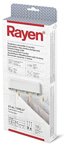 Rayen | Tendedero ABS extensible | 3 Cuerdas Independientes | Recogido Automático de las cuerdas | Tendedero para interior y exterior | Superficie de tendido 15 m | 28,5 x 11,5 x 3,5 cm | Blanco