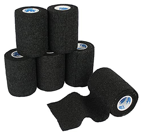TIGERTAPES - Pack of 6 Tiger Rip Lite Cohesive Bandage Black (7.5cm x 4.5m) - Self-Adherent Strapping for Injuries, Wrist and Ankle Sprains, Compression, Football Socks and Shin Pads or Vet Wrap