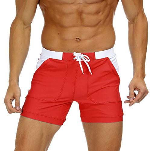 KEFITEVD Men's Quick Dry Swim Trunks Beach Surf Shorts Sexy Slim Stretchy Spa Briefs Elastic Waist Short Board Pants , Red, 40