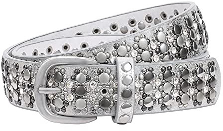 JasGood Damen Nieten Gürtel Funkelnden Strass Nieten Western Ledergürtel für Jeans Hosen,Silber,105cm(Passt Taille 65-75cm)