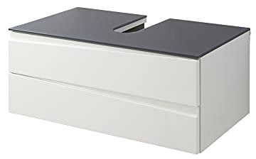 byLIVING Waschtisch Shape/Moderne Bad Kommode/Front Hochglanz Weiß / 2 Schubladen mit gefräster Griffeiste/Korpus Melamin weiß/Glasablage Grau/Schrank / 80 x 33 x 46 cm (BxHxT)