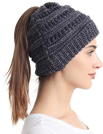sy soul young Pferdeschwanz Messy Bun Beanie Tail Knit Hole Strickmütze Weiche Brötchen Winter mütze mit zopfloch für Damen(Einheitsgröße,2 Ton Marine)