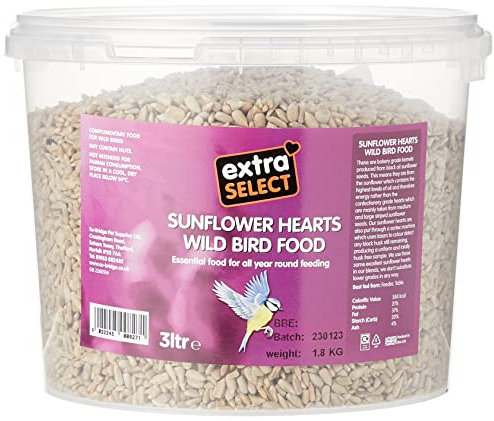 Extra Select Sunflower Hearts Bird Food - Husk-Free, Oil Rich, High Energy Wild Bird Seed for Year Round Feeding - 3 Litre Bucket