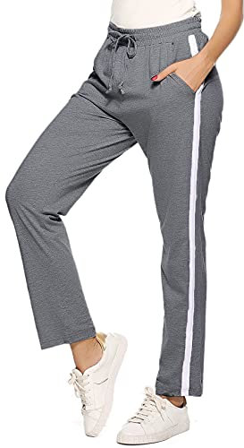 Irdcomps Jogginghose Damen Trainingshose Lang Sporthose Baumwolle High Waist mit Streifen Yoga Hose Freizeithose Weite Damenhose Dunkelgrau L