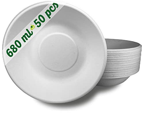 50 Cuencos Desechables Papel de caña de azúcar de 680 ml grandes. Vajilla desechable Biodegradable extrafuerte de Color Blanco. Cuencos para Fiestas y desayunos. Cuencos de bagazo