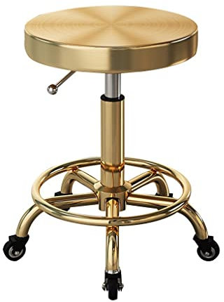 Arbeitshocker Aus Edelstahl, Gold Drehbar Sitz Bank, Schwarzer Boden Mobiler Laborhocker, Mit 5 Rollen Verstellbar 48-58cm