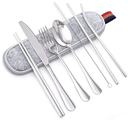Cubiertos Camping, 8 Piezas Cubiertos Para Llevar Menaje Kit Camping Platos y Cubiertos Camping Set De Platos, Apto Para Lavavajillas, Resistente a La Decoloración, Adecuado Para Viajar (Plata)