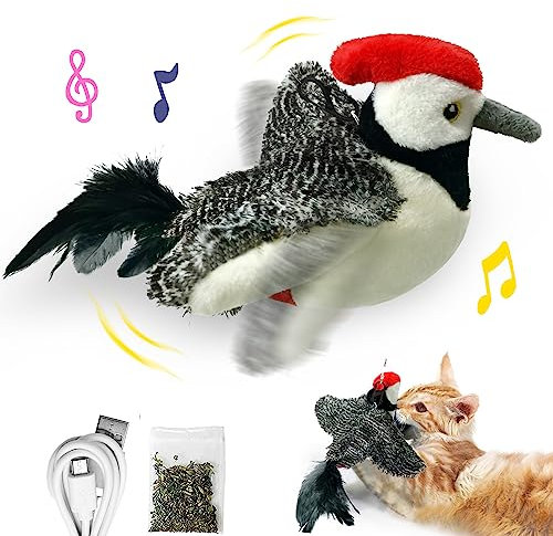 LEWISER Cat Toys, Flapping Wings Cute Woodpecker, No Flying, Chirping Bird Interactive Catnip Toy for Kitten or Small Dogs, Touch Activated, Rechargeable