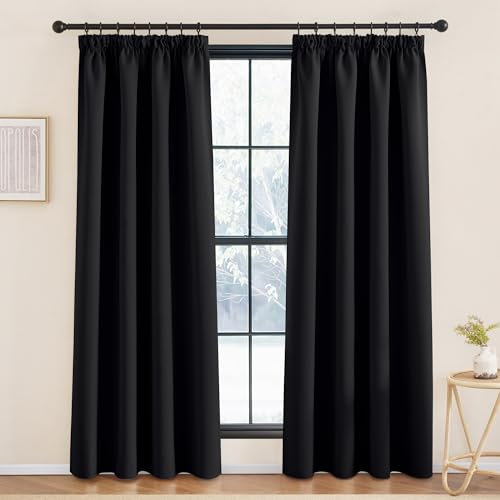 KGORGE Abdunkelnde Gardinen für Schienensystem Schwarze Blickdicht Vorhang Kräuselband Thermovorhang Hitzeschutz 2er Set 220 x 140 cm(HxB) Wohnzimmer