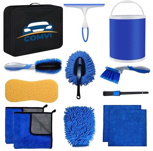 Comvi Car Cleaning Kit 13 Pcs - Car washing kit - Car Cleaning Products Interior & Exterior car accessories (11L wash Bucket, Wheel Brush)- VAN & Car Detailing Kit - Car Care Gift sets for men/Women