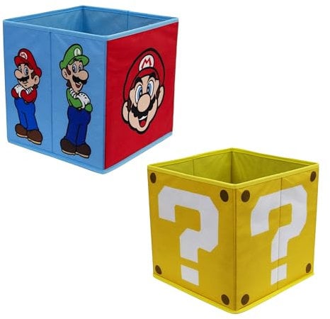 Nintendo Super Mario Officially Licensed Storage Boxes | 2 pack Foldable Storage Cubes Faces Design with Mario and Luigi | Perfect For Organising Children's Room, Kids Playroom, 30 x 30cm
