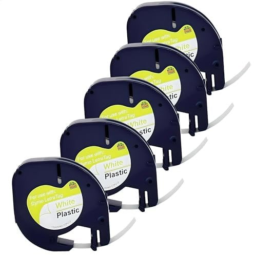 Double Dragon Compatible Label Tape for Dymo Letratag 91201 S0721610 | 12mm x 4m Plastic White, Black on White | for LT-100H 100T 110T XR XM QX50 200B 2000 Plus (5-Pack)