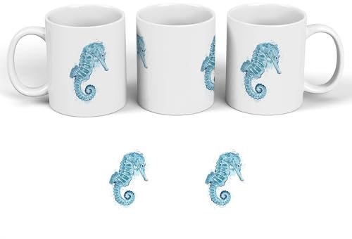 Global Designs WATERCOLOUR SEA HORSE SHORELINE BLUE BEACH THEMED CERAMIC MUG