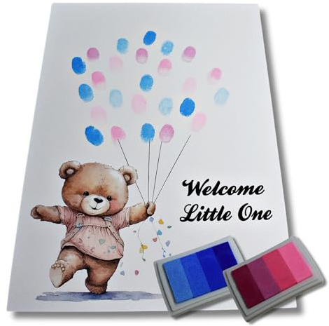 Fingerabdruck-Gästebuchdruck für Babyparty, Teddybär, Luftballons, A4, Rosa, Blau, neutral, Unisex, Geschlechtsoffenbarung, Geschenk für Neugeborene (Geschlechtsvorhersage)