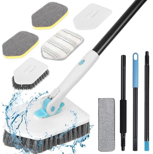 Vautvis Cepillo con mango 4 en 1, cepillo de limpieza para baño con mango telescópico, 4 cepillos extraíbles, diferentes funciones, cabezales para baño, bañera, suelo