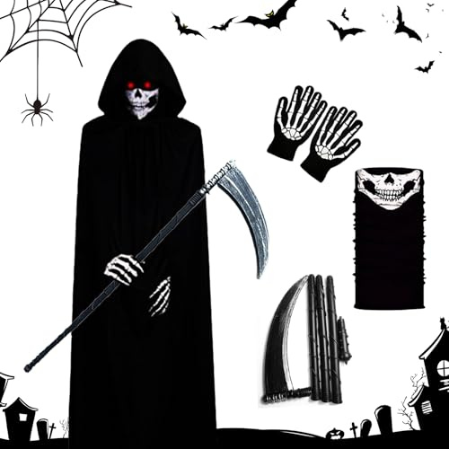 Costume De Cape De Faucheuse à Capuche Pour Enfants, Costume De Faucheuse d'Halloween Pour Enfants, Costume De Faucheuse Cosplay,Costume De Faucheuse d'Halloween, Cape, Gants, Masque à Capuche, Faux