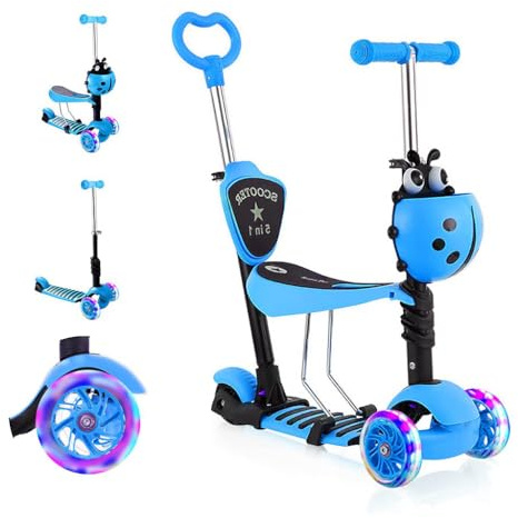 Kinder Roller mit abnehmbarem Sitz, blinkende LED-Räder, höhenverstellbarer 3-Rad-Tretroller mit Schiebegriff für Kleinkinder, Jungen und Mädchen ab 2 Jahren, Blau