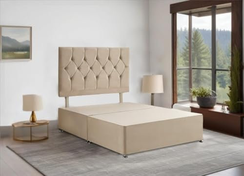 Divan Beds Deals - Luxurious Cream Plush Velvet Divan Bed Frame | 3FT Single Bed Base with 26” Elegant Chesterfield Headboard & 2 Storage Drawers – Transform Your Sleep Experience