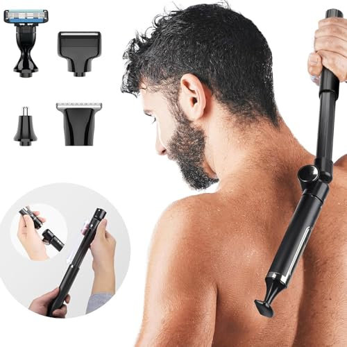 SH-RuiDu Elektrischer Rückenrasierer für Männer, 4-in-1 Herren-Körperhaarschneider, IPx6, wasserfest, kabellos, wiederaufladbar, mit verstellbarem Verlängerungsgriff für Körper, private Teile, Bart,