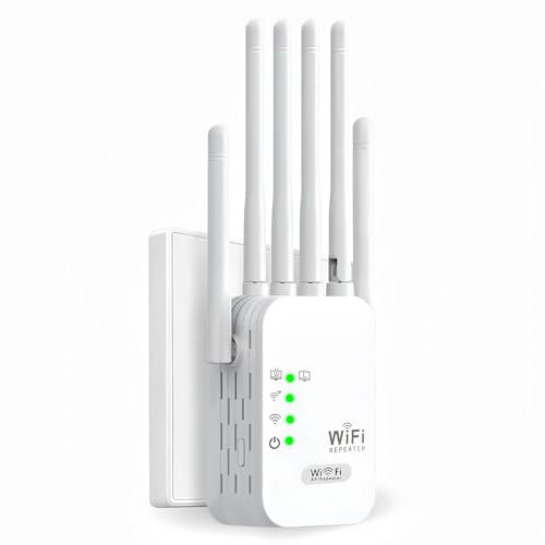Répéteur WiFi,2025 amplificateur WiFi Puissant, amplificateur de Signal WiFi, amplificateur WiFi, 4 antennes, 2 Ports LAN,Couverture de la Maison et du Bureau jusqu'à 2640 m², Installation Facile