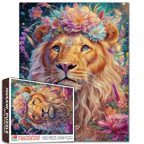 König der Löwen Puzzle 1000 Teile Majestätische Anime Kunst Leuchtende Mähne Blumenkrone Magischer Sonnenuntergang Hintergrund 27x20 Zoll Detailliertes Tierporträt