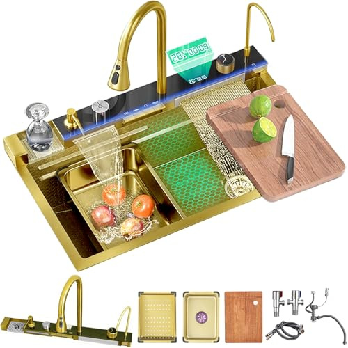 Ribanedy Multifunktionale Digitale Küchenspüle, Wasserfallspüle aus Edelstahl 304, mit 5 Wasserauslassmodi, Wasserfall-Ausziehhahn, Tassenspüler und weiterem Spülbecken-Zubehörset（75 X 46 cm）