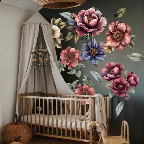 Runtoo Große Blumen-Wandaufkleber, Boho-Stoff, Jumbo-Blumen-Wandaufkleber für Mädchen, Schlafzimmer, Wohnzimmer, Büro, Zuhause, Hintergrunddekoration