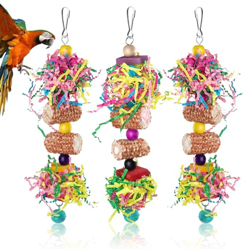 RFYTDCF 3 PCS Bird Toys, Multicolor Bird Shredding Toys Parrot Chewing Toy Hanging Shredder Toy Include Natural Corn Cob Bells for Parakeets Cockatiels Small and Medium-Sized Parrot